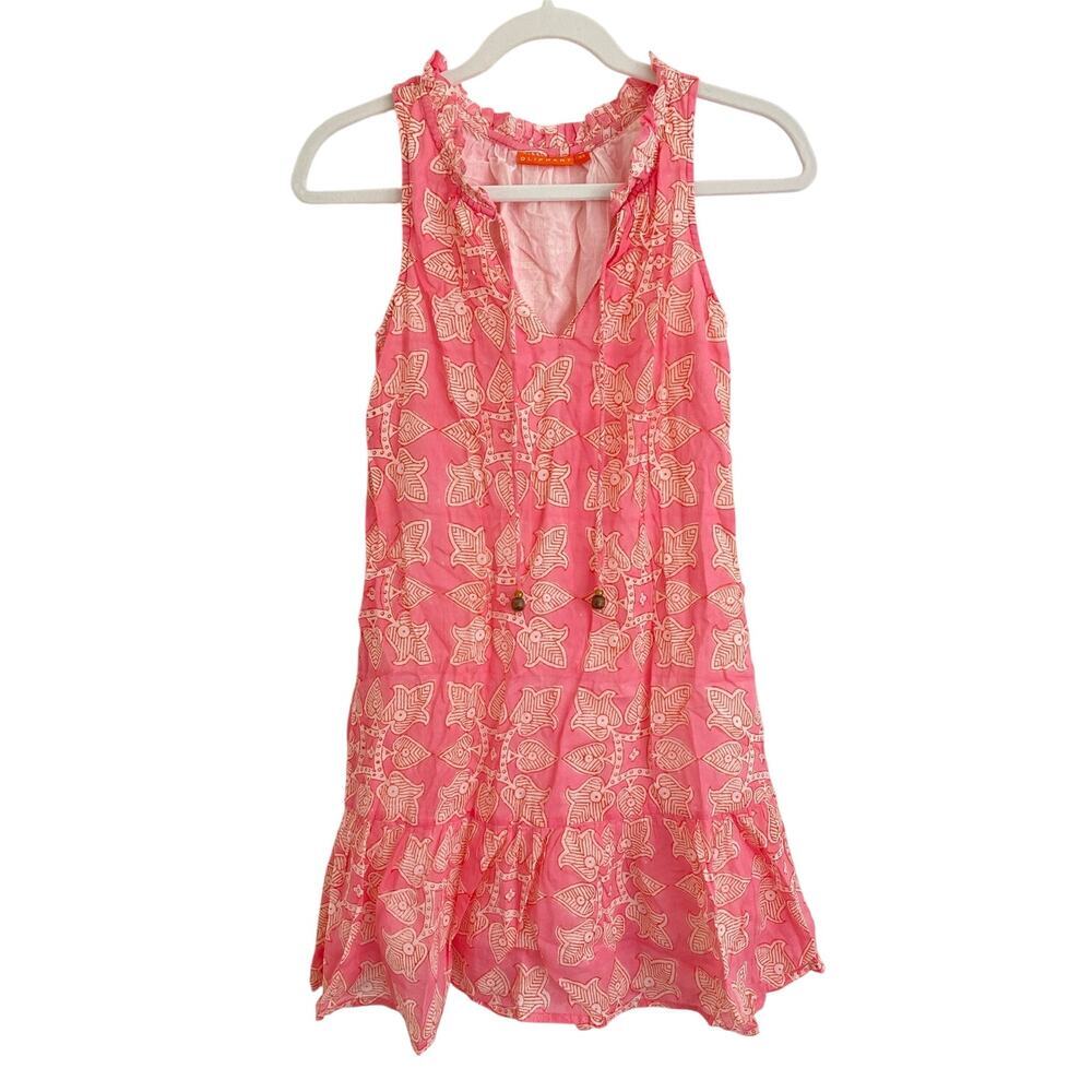 Oliphant Tuckernuck Block Print Short Mini Sleeveless Ruffle Neck Dress Coverup